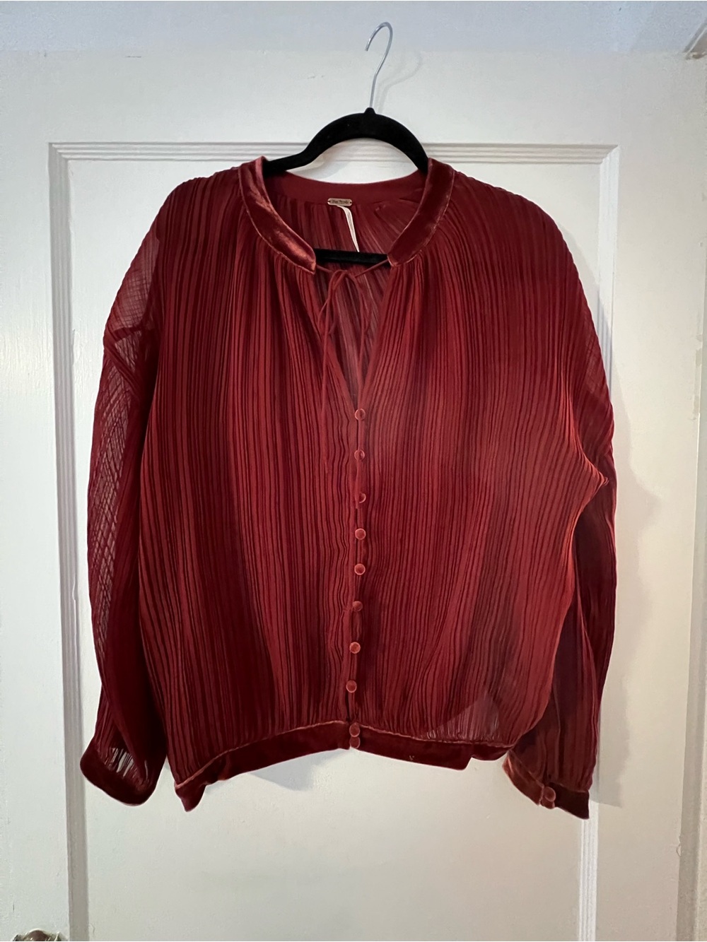 Free People Burgundy Pleated Button-Up Blouse